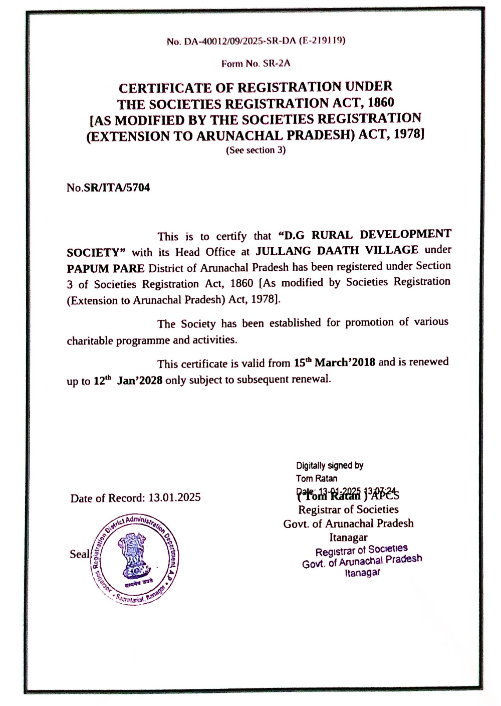 Society Registration Certificate